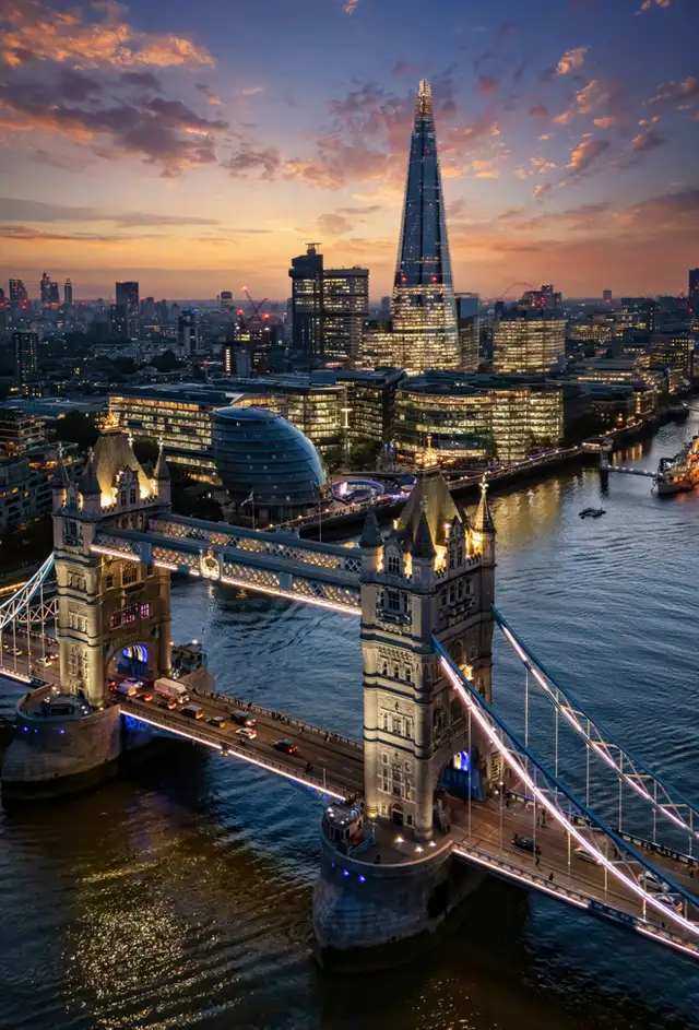 Tower Bridge and the City of London skyline at dusk