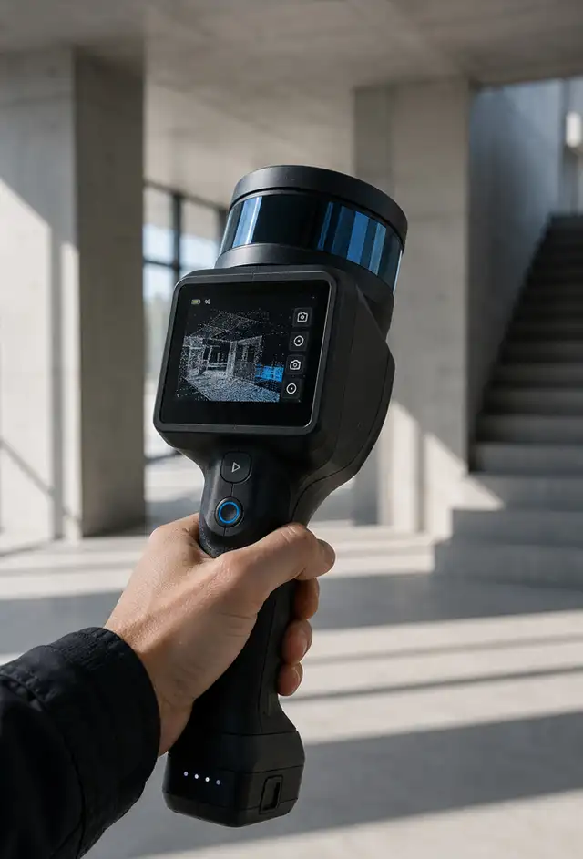 A handheld LiDAR scanner, mid-scan, in an empty concrete building