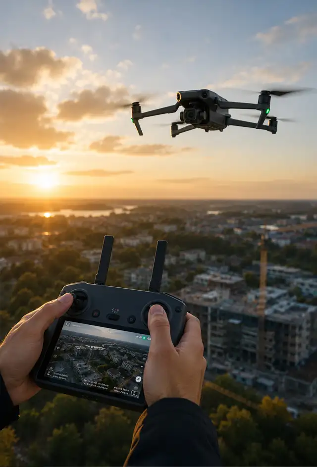 A camera drone in flight at sunset, flown from a handheld controller