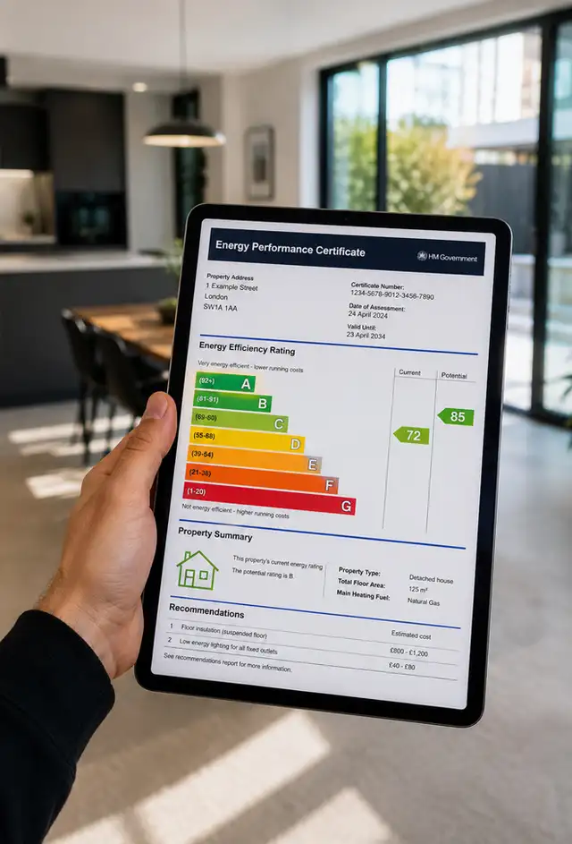 An Energy Performance Certificate open on a tablet in a kitchen