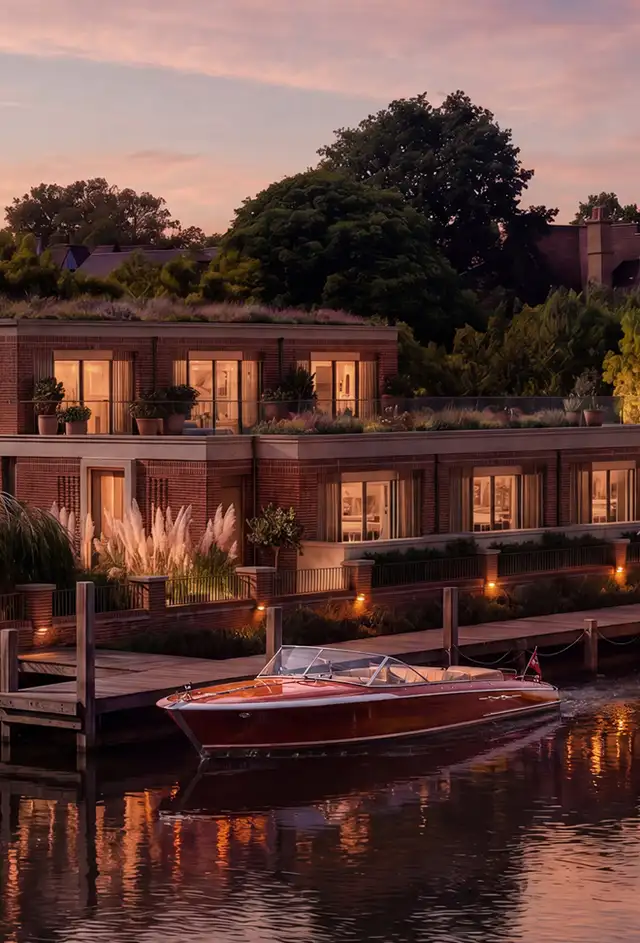 CGI of a riverside house at dusk, with boats moored at its jetty