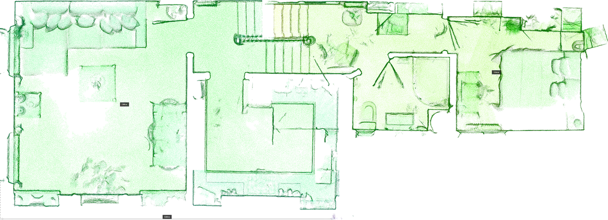 Top-down point cloud slice of the New Kings Road scan, showing walls and openings in measured position