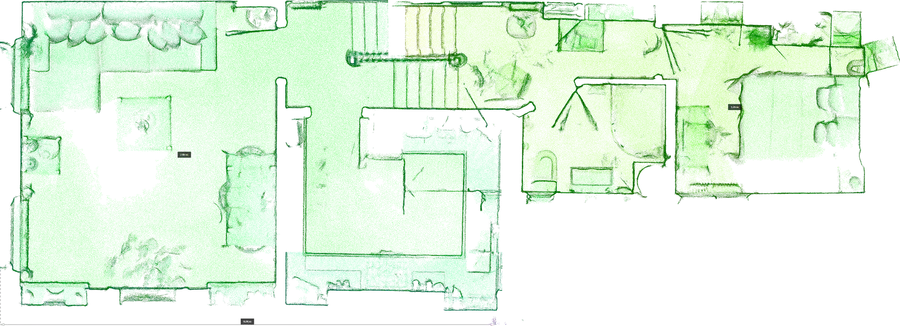 Top-down point cloud slice of the New Kings Road scan, showing walls and openings in measured position