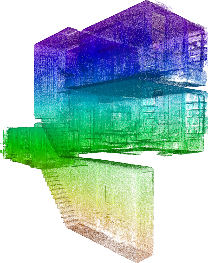 Three-dimensional view of the New Kings Road point cloud, graded by height from blue at the top to orange at the base