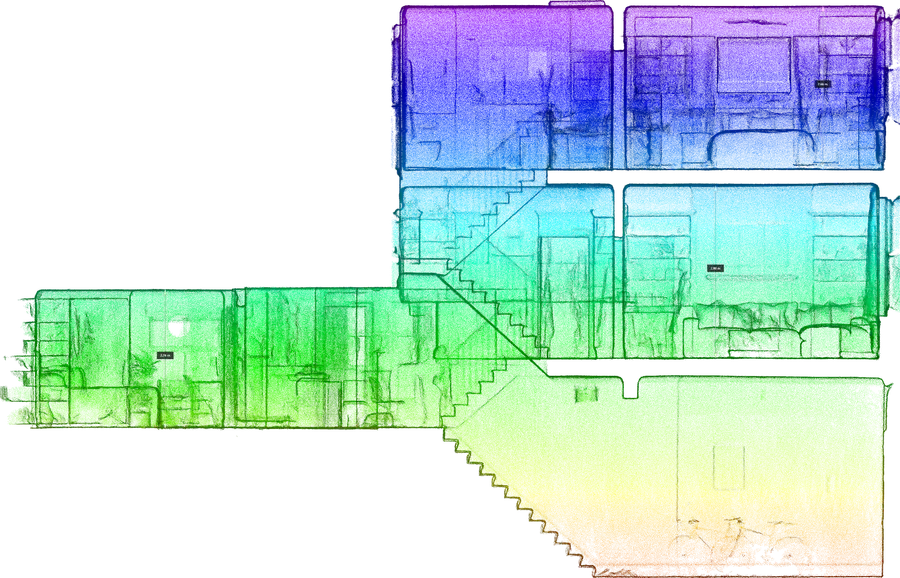 Section through the New Kings Road scan graded by height, from blue at the top through green to orange at the base