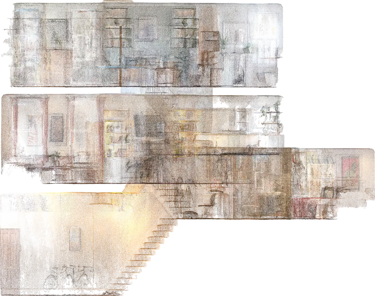 True-colour point cloud of the New Kings Road building, showing rooms, stairs and fittings in their real colours