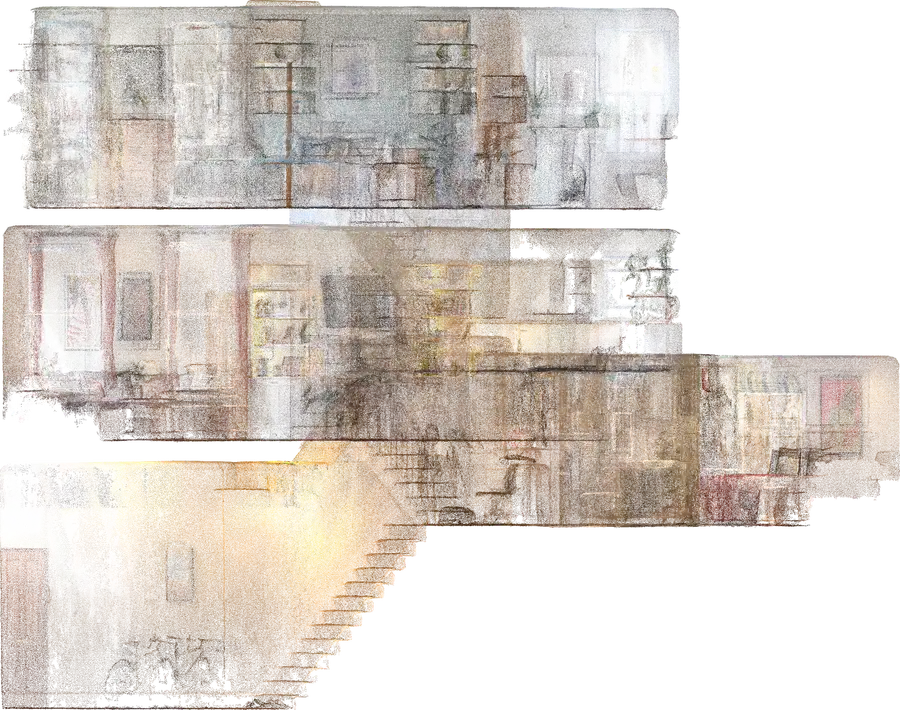 True-colour point cloud of the New Kings Road building, showing rooms, stairs and fittings in their real colours