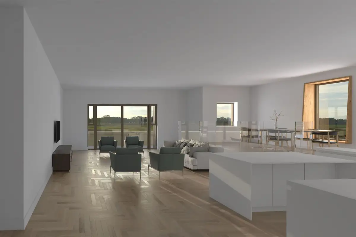 The same open-plan space after render enhancement, with timber ceiling